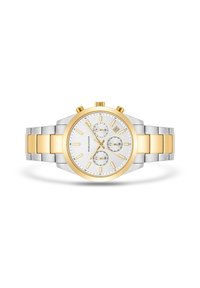 Reloj cronógrafo con una correa de acero inoxidable plateado y dorado, esfera blanca, acentos dorados y tres subesferas. Visualizador de fecha a las tres en punto.