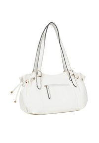 Witte nep leren handtas met zwarte accenten, gouden hardware en twee korte hengsels. Voorzien van drawstring-sluitingen en een ritssluiting aan de buitenkant.