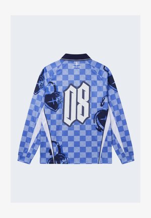 Blue and white long-sleeve sports jersey with checkered pattern, black graphic accents, and large white number 08 on the back.