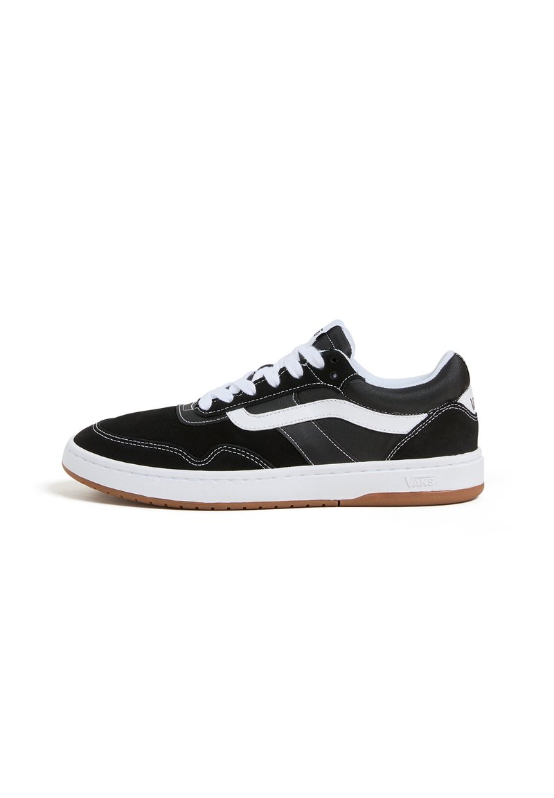 Black suede and leather sneakers with white accents, featuring a low-top design, lace closure, and a rubber gum sole.