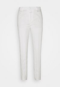 Bílé bavlněné chinos kalhoty s úzkým střihem, zipovým zapínáním, poutky na pásek a bočními kapsami. Hladká textura a klasický design.