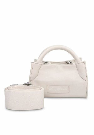 Petit sac à main en cuir crème avec un design structuré, doté d'une anse supérieure et d'une bandoulière en tissu beige amovible.