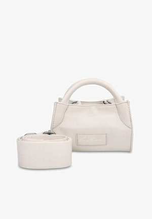 Small cream leather handbag with a structured design, featuring a top handle and a detachable beige fabric shoulder strap.