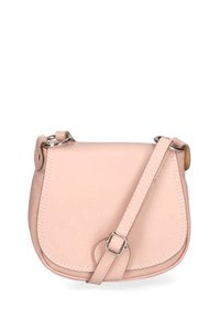 Borsa crossbody in pelle rosa chiaro con patta curva, tracolla regolabile e dettagli in metallo argentato. Texture liscia e design minimalista.