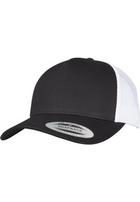 Fekete snapback sapka hajlított csúccsal és fehér hálós panellel a hátsó részen. Simább textúrájú szövetből készült; márkás belső címkével rendelkezik.