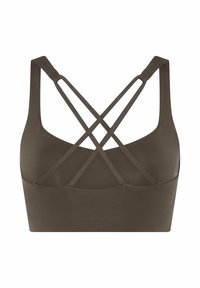 Donkerbruine sportbeha met dubbele dunne kruisbandjes aan de achterkant en brede schouderbanden, naadloze onderband.