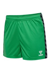 Groene sportshorts van lichtgewicht stof, met zwarte chevron-strepen aan de zijkant en een wit logo aan de onderkant aan de voorkant.