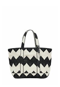 Black and white chevron-patterned tote bag made of woven fabric, featuring two sturdy handles and a small decorative tag.