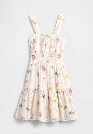 Helebeežikas kleit kitsaste rihmadega, tikitud korsett, kihiline seelik ning värvikate koore- ja päikeseprinditud mustritega. Valmistatud pehmest kangast lõdvalt sobiva lõikega.