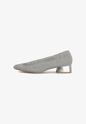 Gray mesh pointed-toe shoe with a low silver heel. Features a textured upper and an openwork design for breathability.