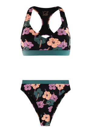 Zwarte bikini met perzik-, paarse en groene hibiscusbloemen, top met racerback en hoog getailleerde broekjes met effen groene banden.