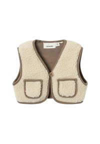 Grädd- och brun väst med en strukturerad fleeceframsida, två framfickor och stängning med träknapp. Designad med V-ringning.
