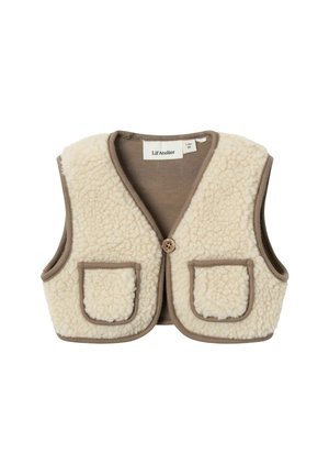 Cremfarbener und brauner Weste mit einer strukturierten Fleece-Front, zwei vorderen Taschen und einem Holzknopfverschluss. Mit einem V-Ausschnitt gestaltet.