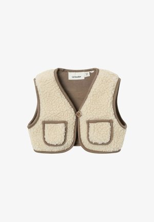 Cremfarbener und brauner Weste mit einer strukturierten Fleece-Front, zwei vorderen Taschen und einem Holzknopfverschluss. Mit einem V-Ausschnitt gestaltet.