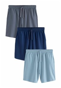 Tres pares de pantalones cortos: gris oscuro, azul marino y azul claro. Todos tienen una cintura elástica con cordón y bolsillos laterales. Tejido suave.