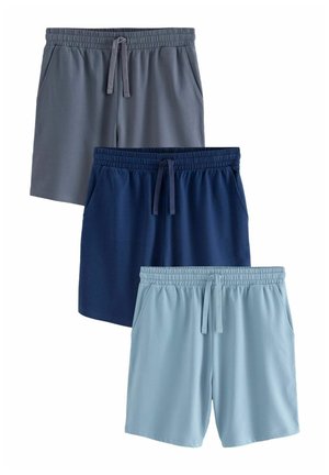 Tres pares de pantalones cortos: gris oscuro, azul marino y azul claro. Todos tienen una cintura elástica con cordón y bolsillos laterales. Tejido suave.
