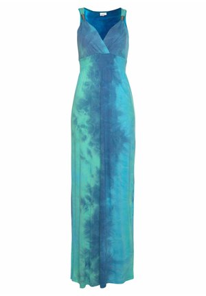 Lång klänning utan ärmar med ett tie-dye mönster i nyanser av blått och grönt, med en figursydd midja och en lätt flödande kjol.