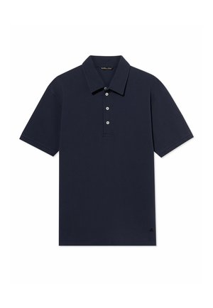 Marineblauw poloshirt met korte mouwen, een kraag en drie witte knopen aan de voorkant.