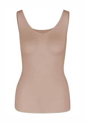Seamless beige tank top with wide straps, scoop neckline, and smooth texture. Elastic, form-fitting design for comfort and support.