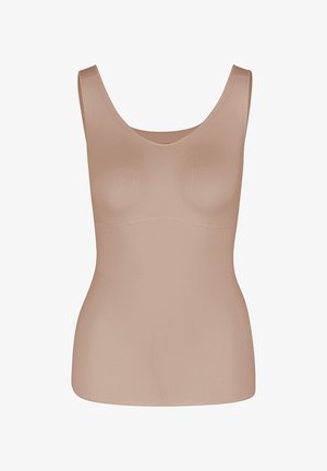 Seamless beige tank top with wide straps, scoop neckline, and smooth texture. Elastic, form-fitting design for comfort and support.