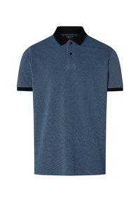 Blauses Polo-Shirt mit strukturierter Oberfläche, schwarzem Kragen und kontrastierenden blauen Akzenten. Verfügt über zwei Knöpfe am Hals und kurze Ärmel.
