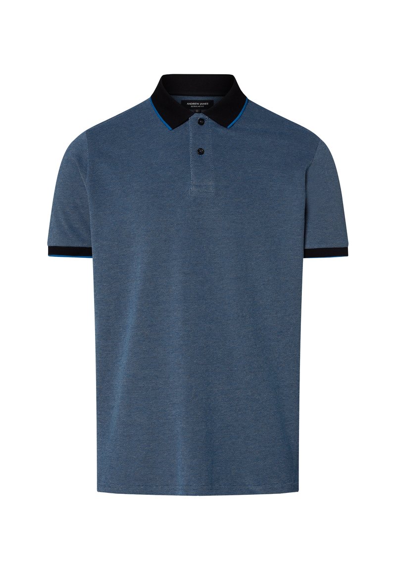 Blauses Polo-Shirt mit strukturierter Oberfläche, schwarzem Kragen und kontrastierenden blauen Akzenten. Verfügt über zwei Knöpfe am Hals und kurze Ärmel.