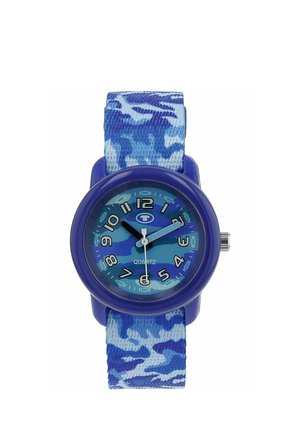 Children's blue camouflage wristwatch with round face, black and light blue hour hands, white second hand, and fabric strap.