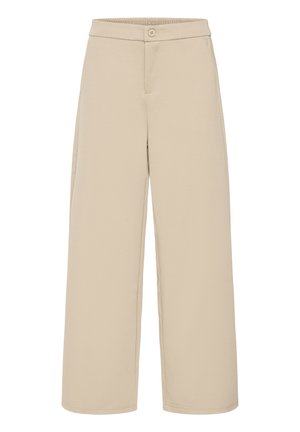 Béžové široké nohavice z mäkkej látky, s gombíkovým zapínaním a vreckami, s hladkým povrchom a pohodlným strihom.