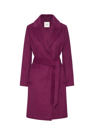 Fuchsia wool coat with long sleeves, wide lapel, belt at the waist, and two front pockets. Textured fabric adds visual interest.