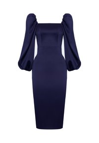 Granatowa dopasowana sukienka o prostokątnym dekolcie i bufiastych długich rękawach. Wykonana z gładkiego materiału, ma obcisły fason.