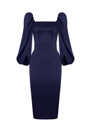 Granatowa dopasowana sukienka o prostokątnym dekolcie i bufiastych długich rękawach. Wykonana z gładkiego materiału, ma obcisły fason.