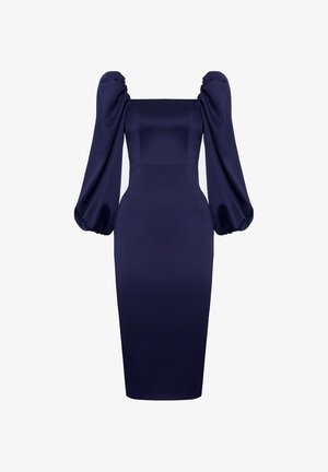 Granatowa dopasowana sukienka o prostokątnym dekolcie i bufiastych długich rękawach. Wykonana z gładkiego materiału, ma obcisły fason.