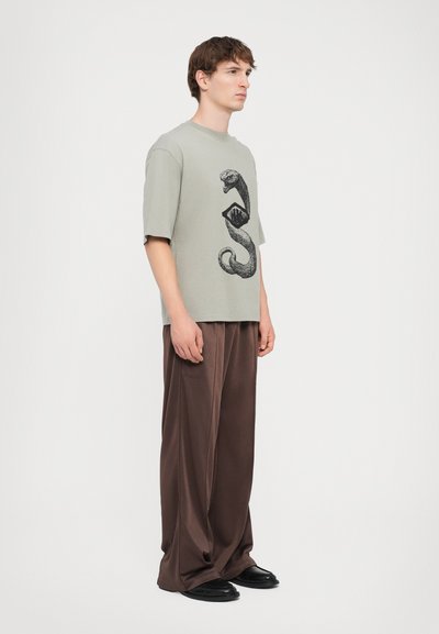 Lys grå kortermet T-skjorte med et svart slangegrafikk, kombinert med løse brune bukser og svarte slip-on sko.