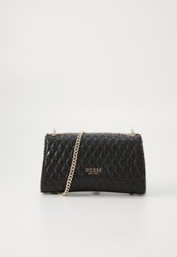 Schwarze gesteppte Handtasche mit einer Kettenriemen und einem goldenen Logo-Detail. Glatte Textur mit einem geometrischen Muster auf der gesamten Fläche.