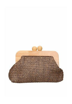 Pochette in tessuto marrone intrecciato con una cornice in legno chiaro e due sfere di chiusura rotonde in legno sulla parte superiore.