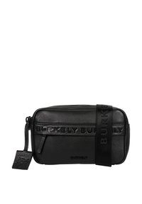 Borsa in pelle nera con superficie testurizzata, logo "BURKELY" impresso, forma rettangolare e una tracolla in contrasto con il nome del marchio.