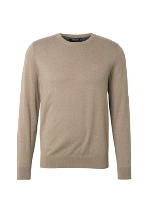 Béžový svetr s dlouhým rukávem a kulatým výstřihem, s jemně vyšívaným logem na levé straně hrudi a žebrovanými lemy na rukávech a spodním okraji.