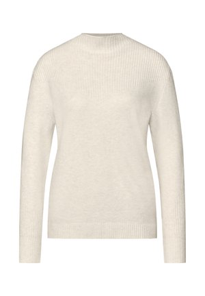 Krémový svetr s dlouhými rukávy, který má žebrovanou strukturu na ramenou a lemu. Měkký, pohodlný materiál s jednoduchým designem.