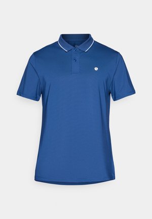 Blue polo shirt made of smooth fabric with a two-button placket, white accent stitching on the collar, and a small logo on the chest.