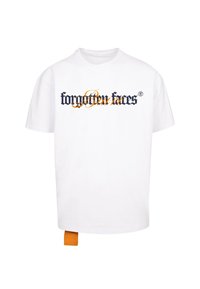 White cotton t-shirt featuring "forgotten faces" printed in black and orange gothic font. Includes an orange label at the side.