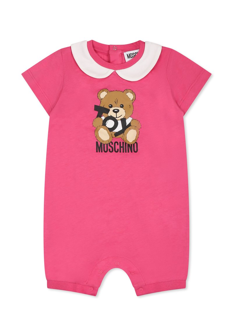 Giocattolo di colore rosa con maniche corte e colletto Peter Pan bianco, caratterizzato da una grafica di un orsetto cartone e la scritta "TOY MOSCHINO" stampata sul davanti.