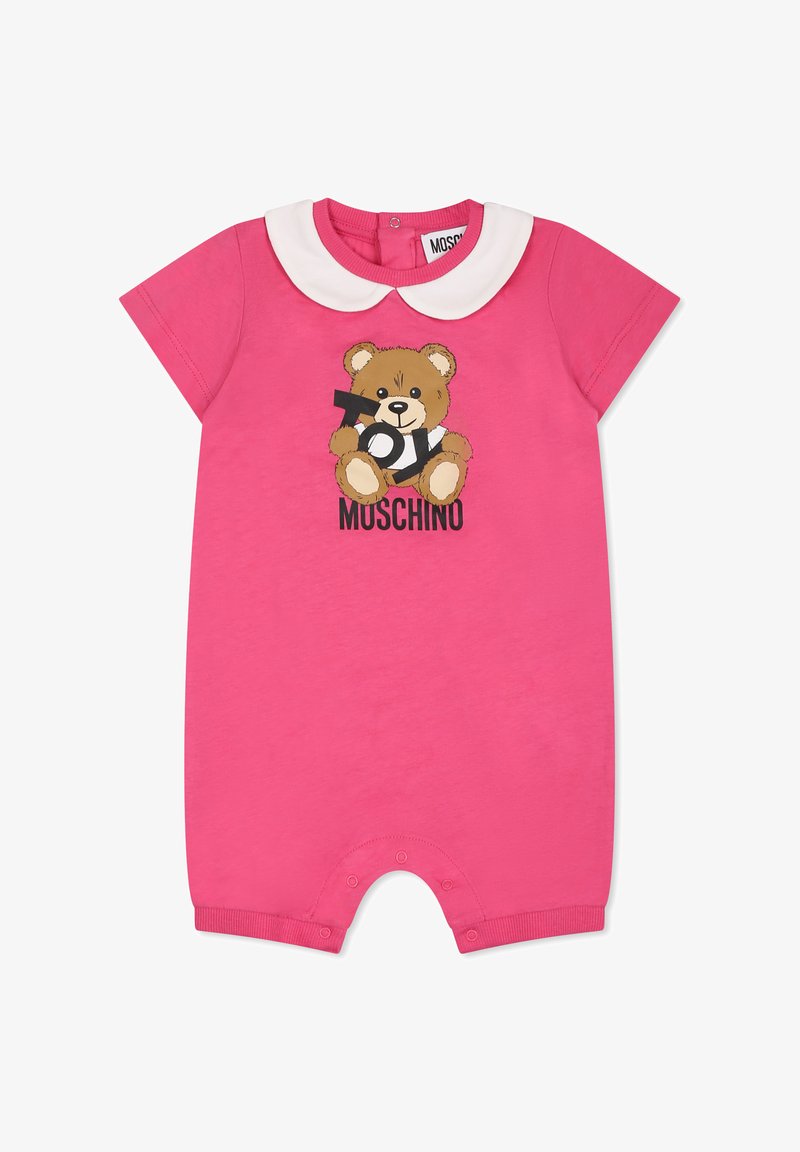 Giocattolo di colore rosa con maniche corte e colletto Peter Pan bianco, caratterizzato da una grafica di un orsetto cartone e la scritta "TOY MOSCHINO" stampata sul davanti.