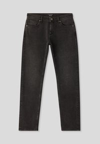 Jeans in denim nero con vestibilità dritta, design a cinque tasche e chiusura con bottone in metallo. Texture leggermente scolorita, senza decorazioni.