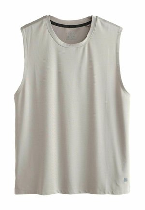 Hellgraues ärmelloses Sportshirt mit rundem Ausschnitt und dezent strukturierter Stoffqualität, präsentiert vor weißem Hintergrund.