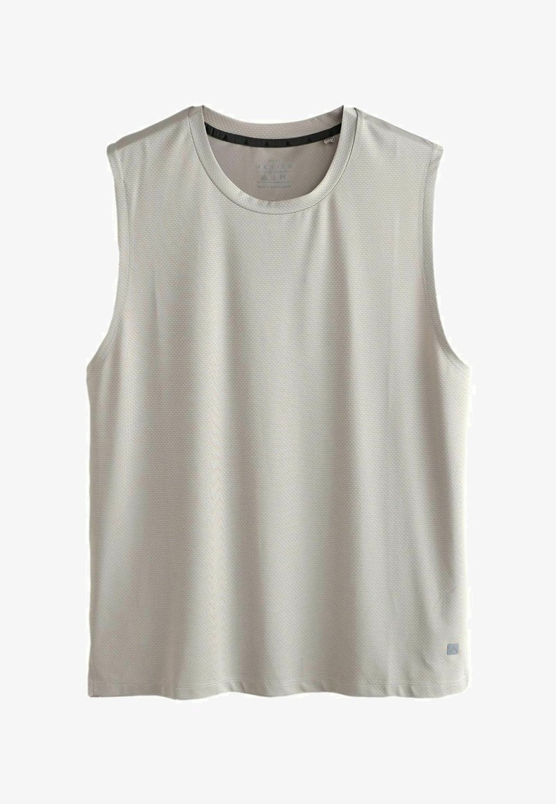 Débardeur de sport gris clair sans manches avec encolure ronde et tissu texturé subtil, présenté sur un fond blanc.