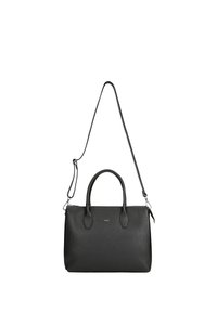 Borsa a tracolla in pelle nera con una finitura testurizzata, doppi manici e una tracolla removibile. Presenta una chiusura con cerniera e dettaglio del logo.