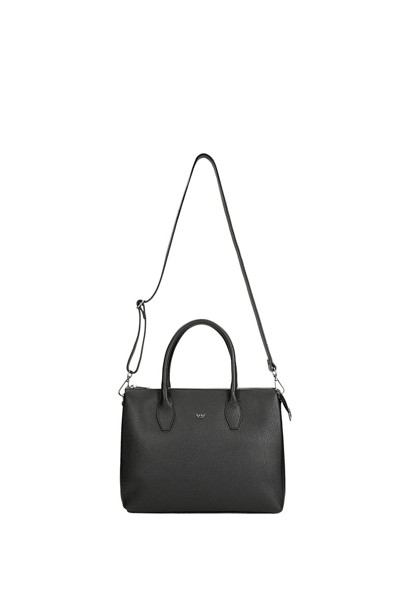 Borsa a tracolla in pelle nera con una finitura testurizzata, doppi manici e una tracolla removibile. Presenta una chiusura con cerniera e dettaglio del logo.