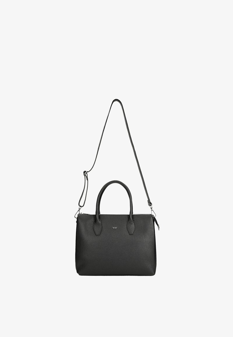 Borsa a tracolla in pelle nera con una finitura testurizzata, doppi manici e una tracolla removibile. Presenta una chiusura con cerniera e dettaglio del logo.