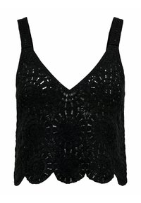 Top in cotone all'uncinetto nero con scollo a V e spalline larghe, caratterizzato da intricati motivi circolari e orlo scalloppato.