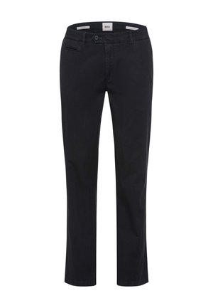 Schwarze gerade geschnittene Hose mit vorderer Knopfleiste, Gürtelschlaufen und kleinem Münzfach auf der rechten Seite.